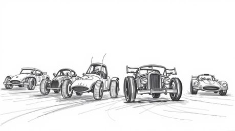 Experience the thrill of a wacky racing scene brought to life with a hand-drawn sketch aesthetic. Featuring outlandish cars s