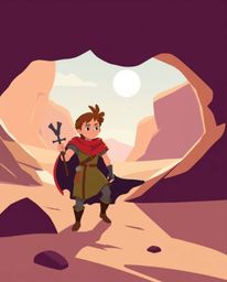 Embark on a thrilling desert adventure with a brave hero, depicted in a modern, flat 2D style. This captivating artwork featu