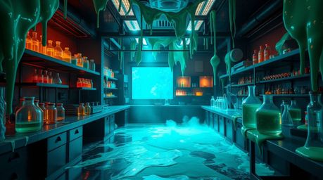 Explore a captivating science lab overtaken by slime, bathed in luxurious volumetric lighting. Rich, deep teal hues dominate 