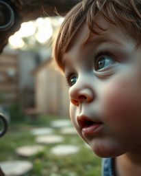 A captivating close-up reveals a child's wonder as they stumble upon a mystical portal hidden in their backyard. The scene i