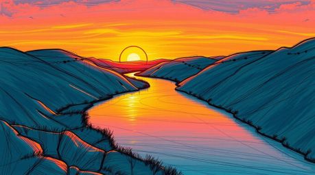 A captivating hand-drawn sketch depicts a winding river glowing under a dramatic orange-pink sky.  Rendered in rich deep teal