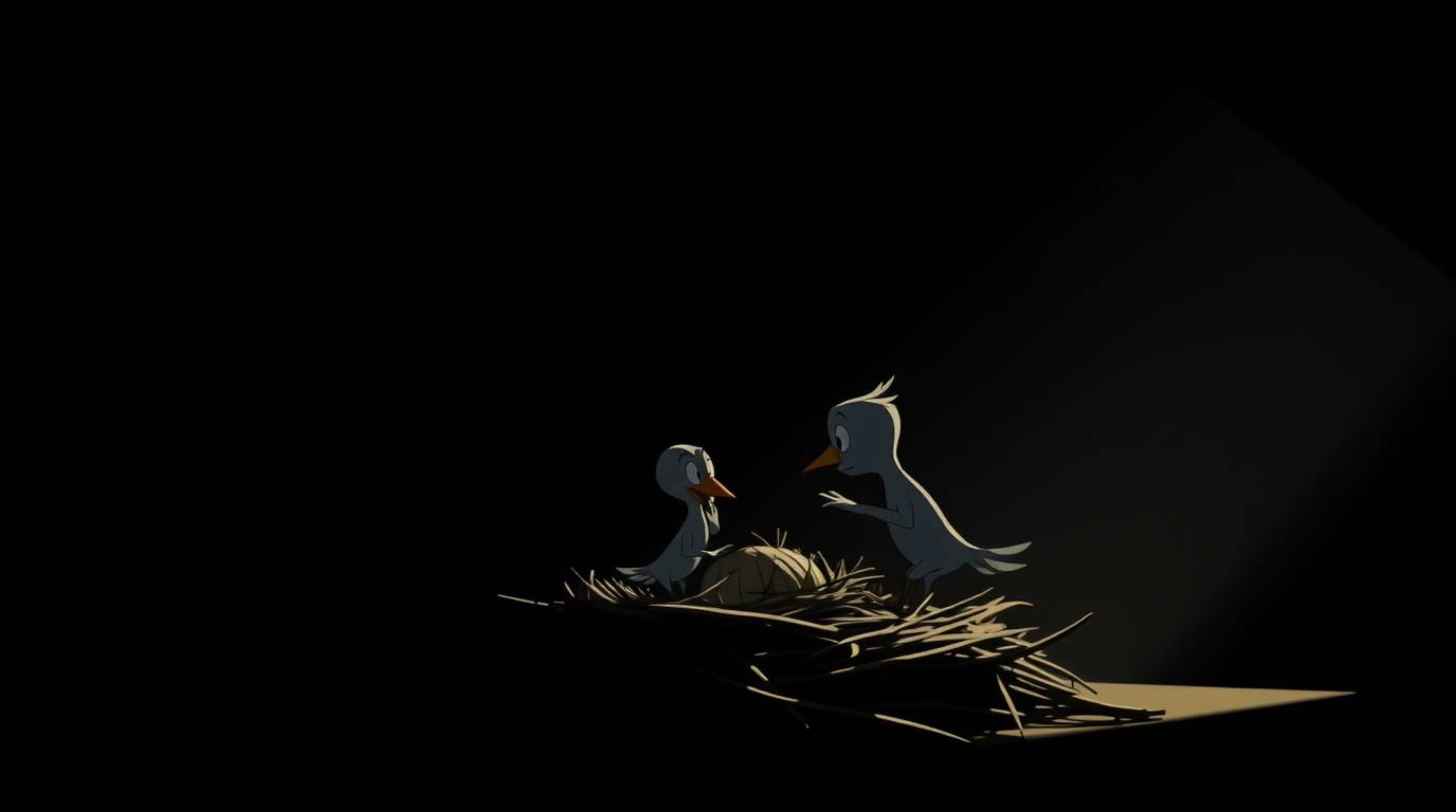 A captivating scene depicting two cartoon birds meticulously constructing a nest.  Rendered in a classic animation style with