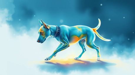 Experience a tight close-up shot of a delicate watercolor painting depicting a futuristic dog walking itself in the vastness 