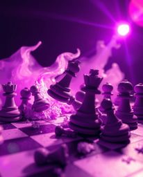 This image captures a chessboard in a state of frozen destruction, with pieces suspended mid-air.  Styled as a sculptural cla