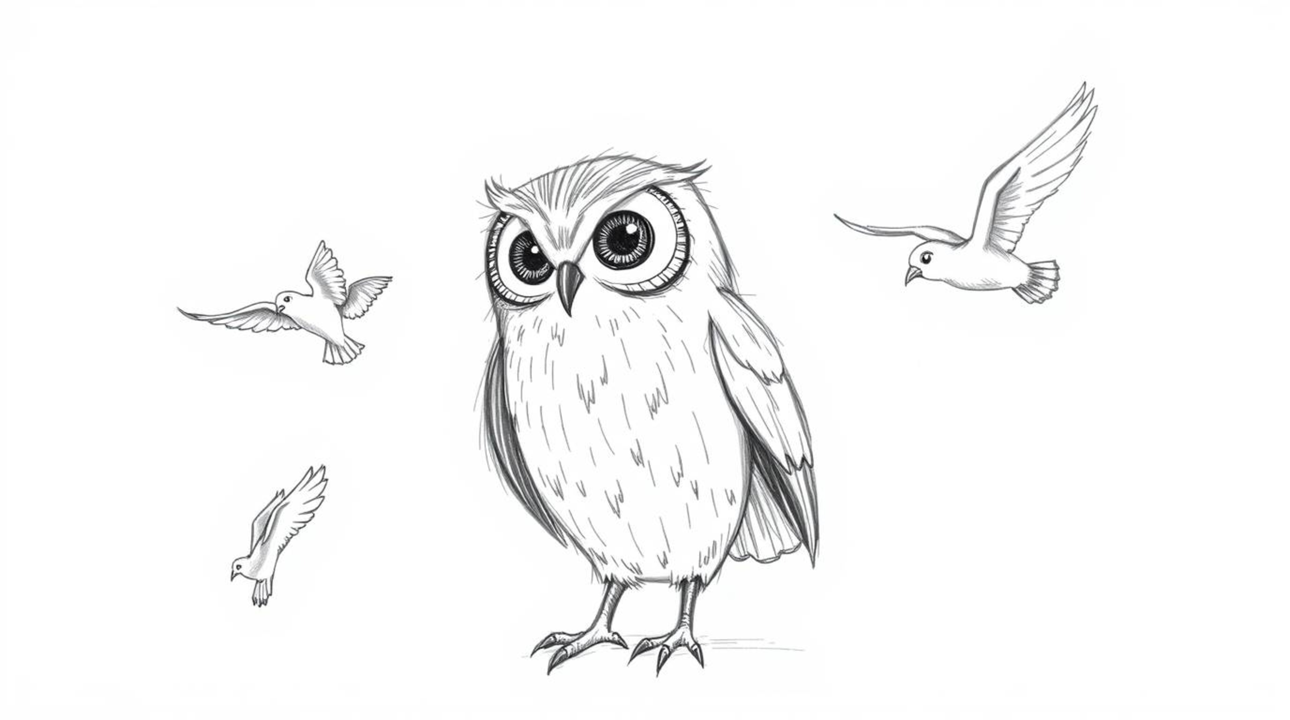 A hand-drawn sketch in the style of Pixar depicts a blind owl with textured pencil strokes, teaching birds to fly. The owl, r