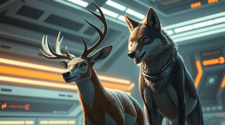 Experience a captivating scene featuring a deer and a wolf, two talking animals embarking on a playful adventure within an el
