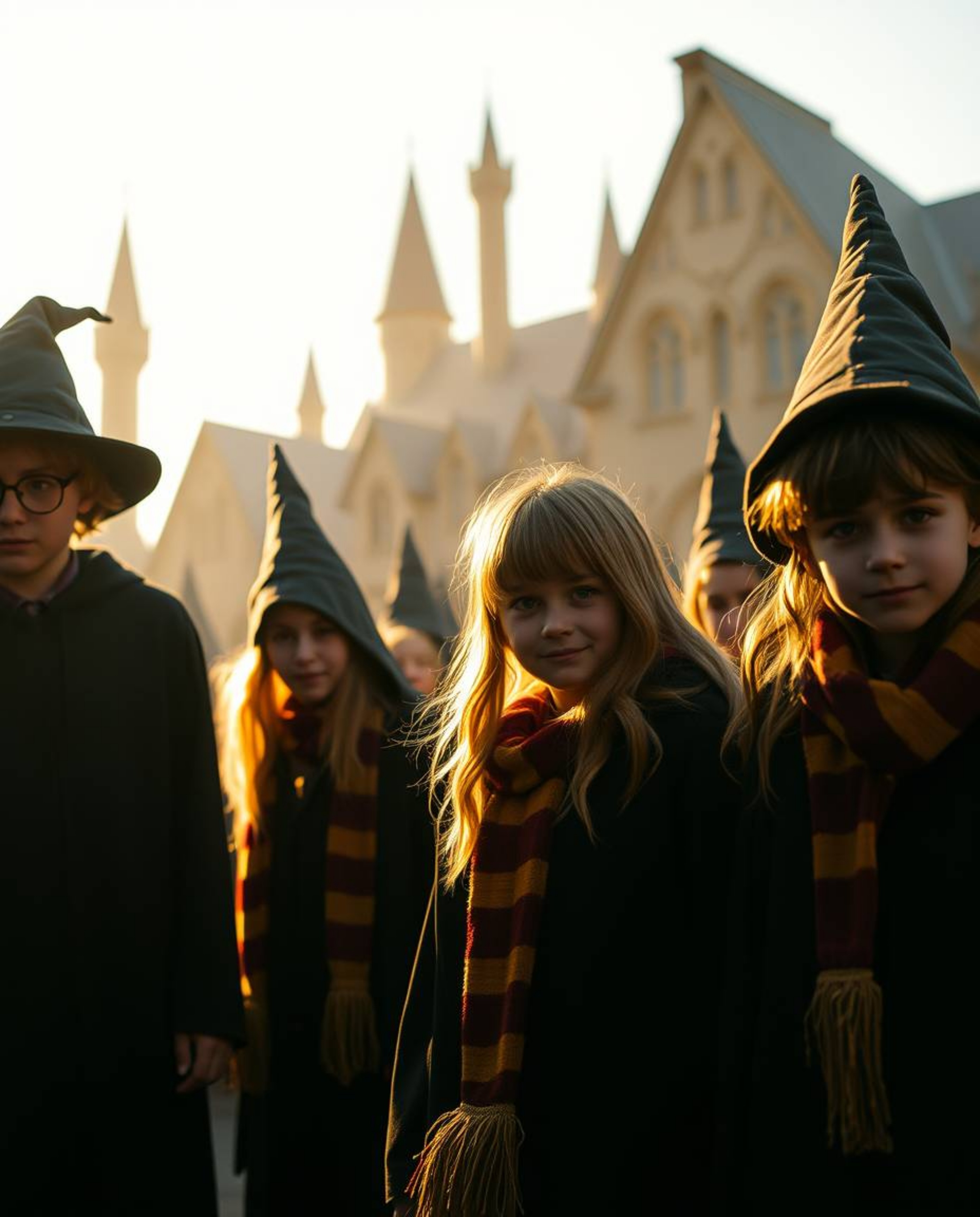 Explore the enchanting world of a magical school filled with young wizards, captured in a dramatic cinematic style with warm 