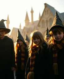 Explore the enchanting world of a magical school filled with young wizards, captured in a dramatic cinematic style with warm