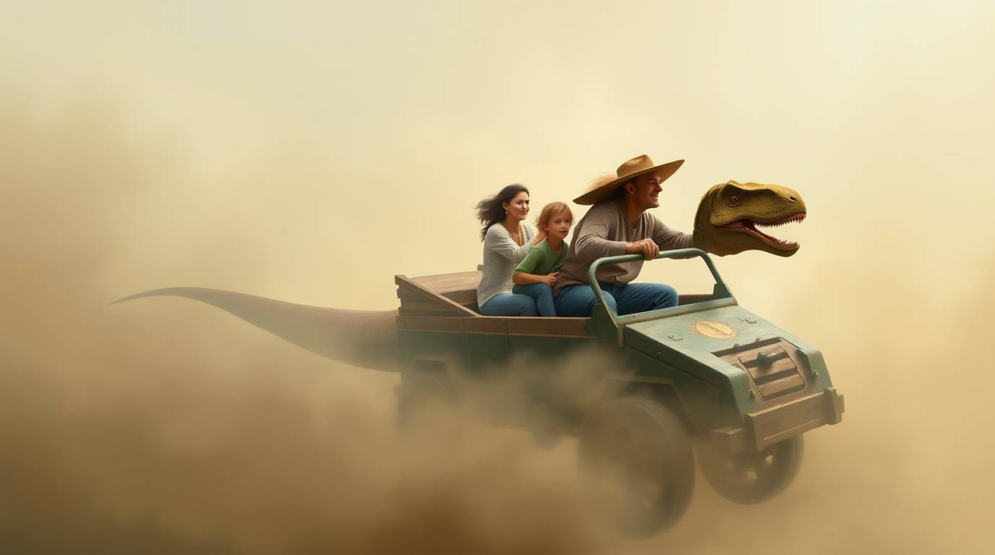 A vibrant digital painting depicts a prehistoric family enjoying a thrilling ride in a dinosaur-shaped car through a dense fo