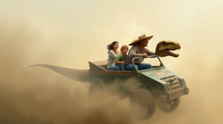 A vibrant digital painting depicts a prehistoric family enjoying a thrilling ride in a dinosaur-shaped car through a dense fo