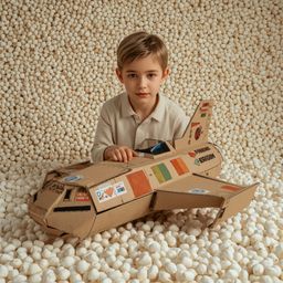 A captivating high-fashion photograph showcases a young boy with striking features, building an intricately designed cardboar
