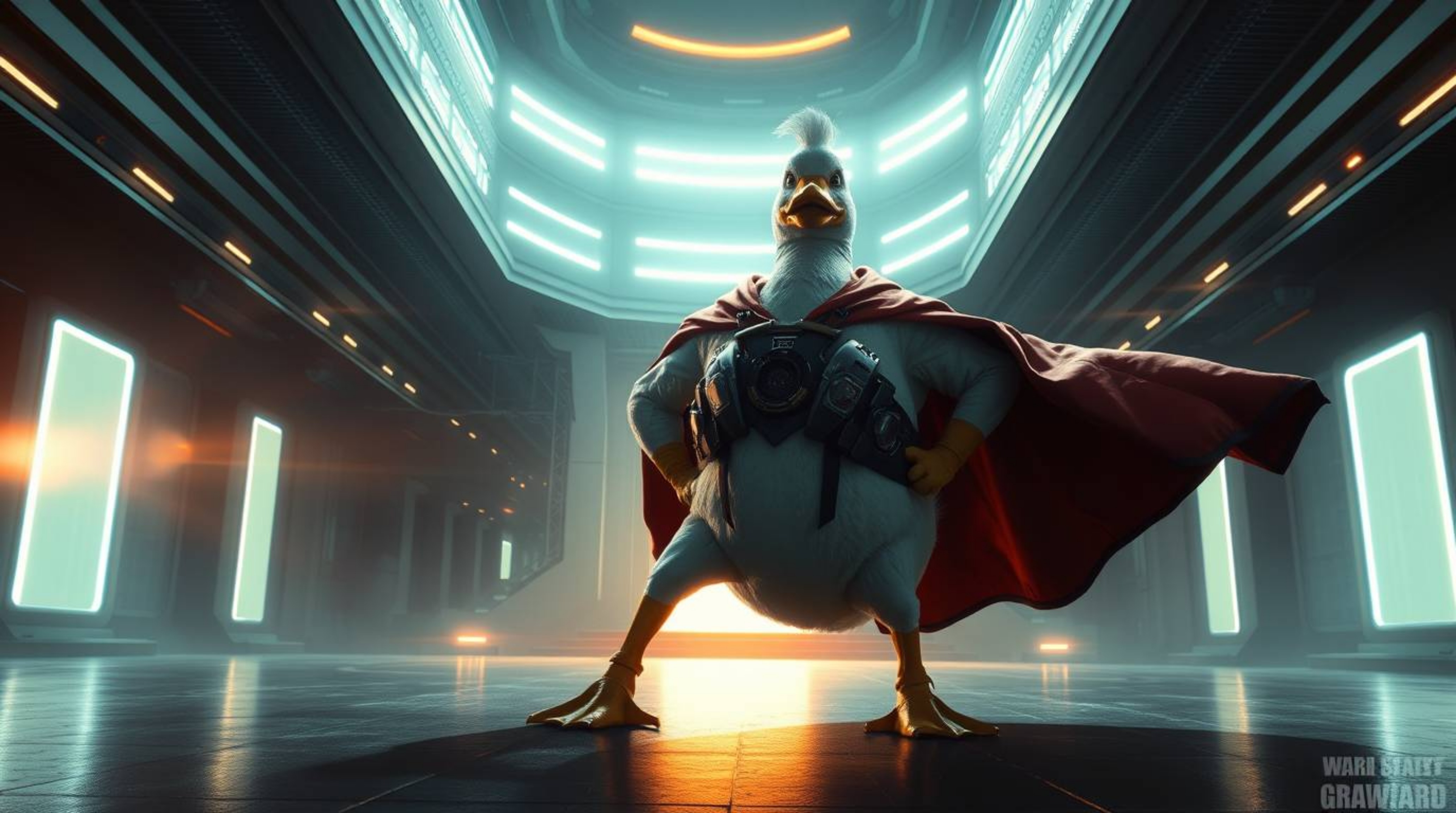 Witness an epic scene bathed in high contrast low-key lighting, set in a modern futuristic world. A massive-scale duck, clad 