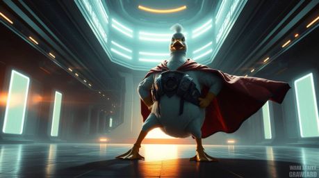 Witness an epic scene bathed in high contrast low-key lighting, set in a modern futuristic world. A massive-scale duck, clad 