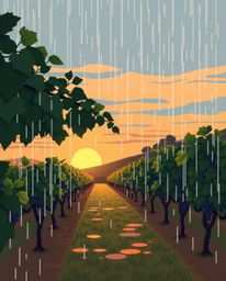 A modern flat design illustration captures a wet, rainy scene at sunset over a vineyard. Using simple, two-dimensional shapes