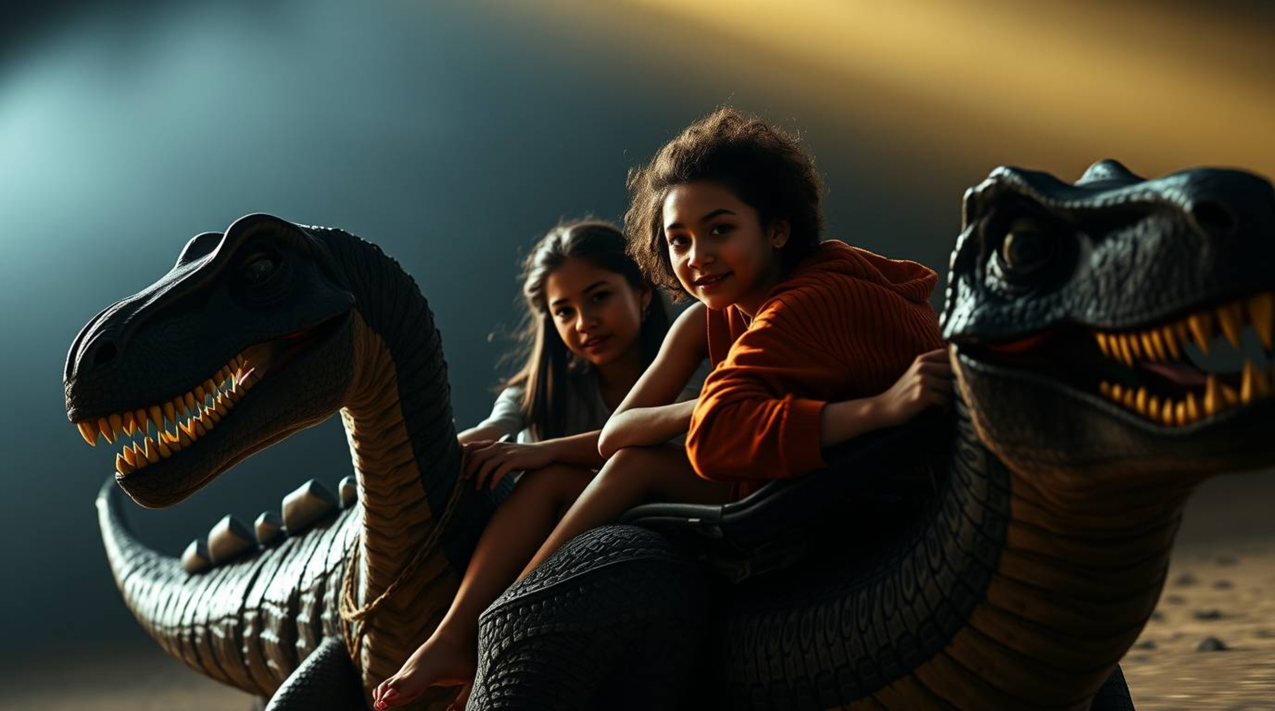 This high-resolution stock photo depicts a prehistoric family with diverse skin tones enjoying a ride in a dinosaur car, bath