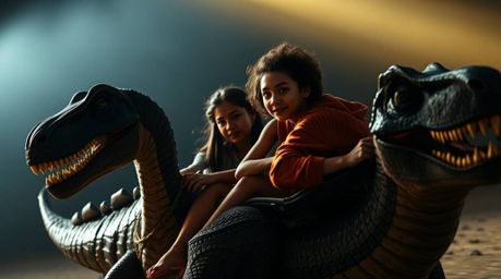 This high-resolution stock photo depicts a prehistoric family with diverse skin tones enjoying a ride in a dinosaur car, bath