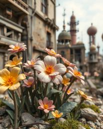 Explore a captivating post-apocalyptic cityscape where sculptural clay flowers bloom amidst ruins, creating a mystic and ench