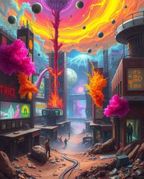 Explore a dreamlike and surreal world where colorful neon splashes illuminate a futuristic cyberpunk cityscape. This bizarre 