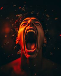 A captivating exploration of fractured reality depicted in a fine art photography style. The image captures a person's scream