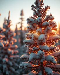 A futuristic sci-fi style tight close-up shot captures sunset light sparkling on snowy pine trees. With a detailed focus, thi