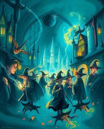 Explore a world of creative light art featuring a rich, deep teal color palette in this abstract painting of a magical school