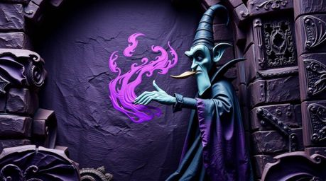 Immerse yourself in this sculpted papier-mâché artwork depicting a classic Disney villain casting a spell within the aged wal