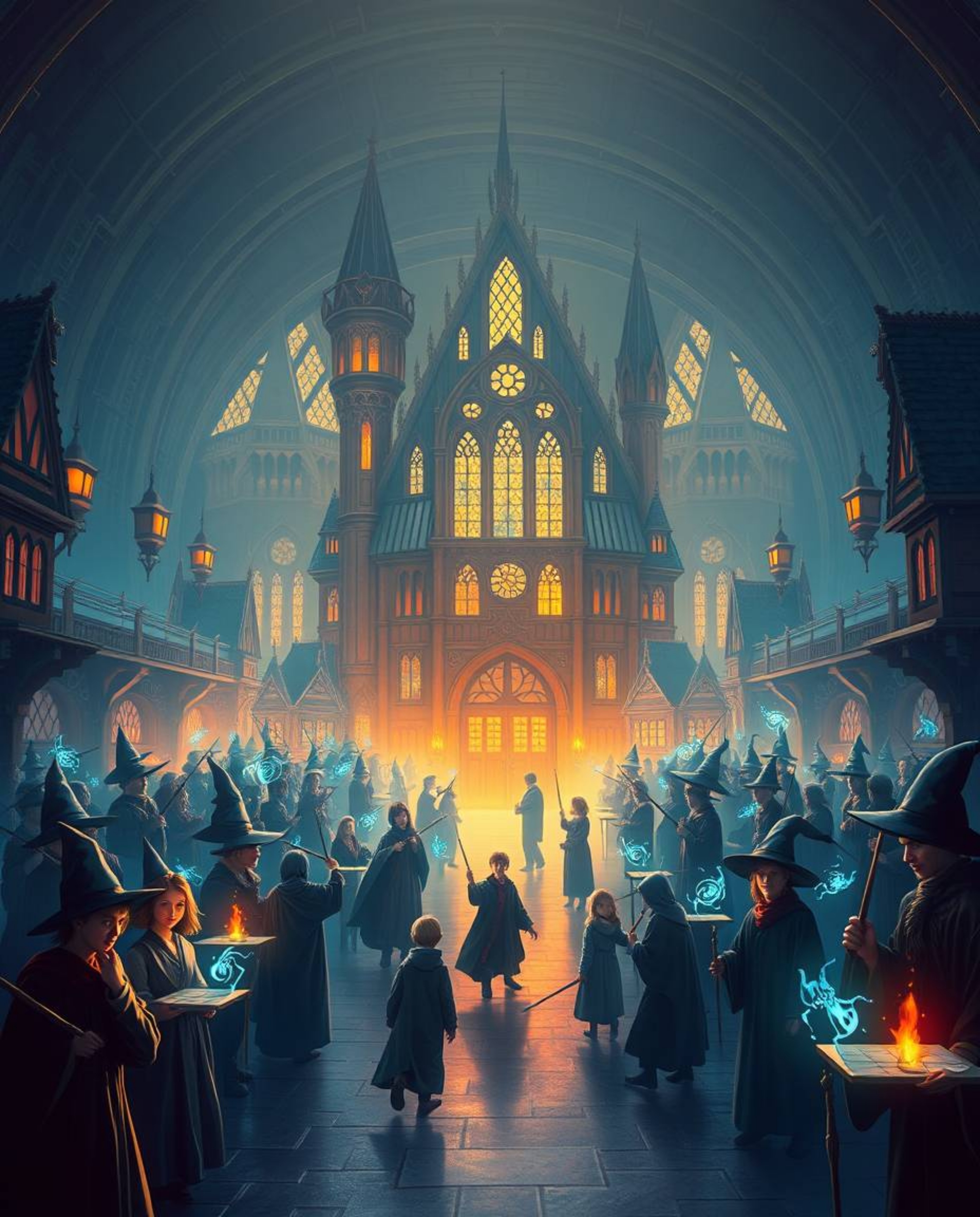 Immerse yourself in a grand and epic scene depicting a magical school brimming with young wizards. This artwork blends classi