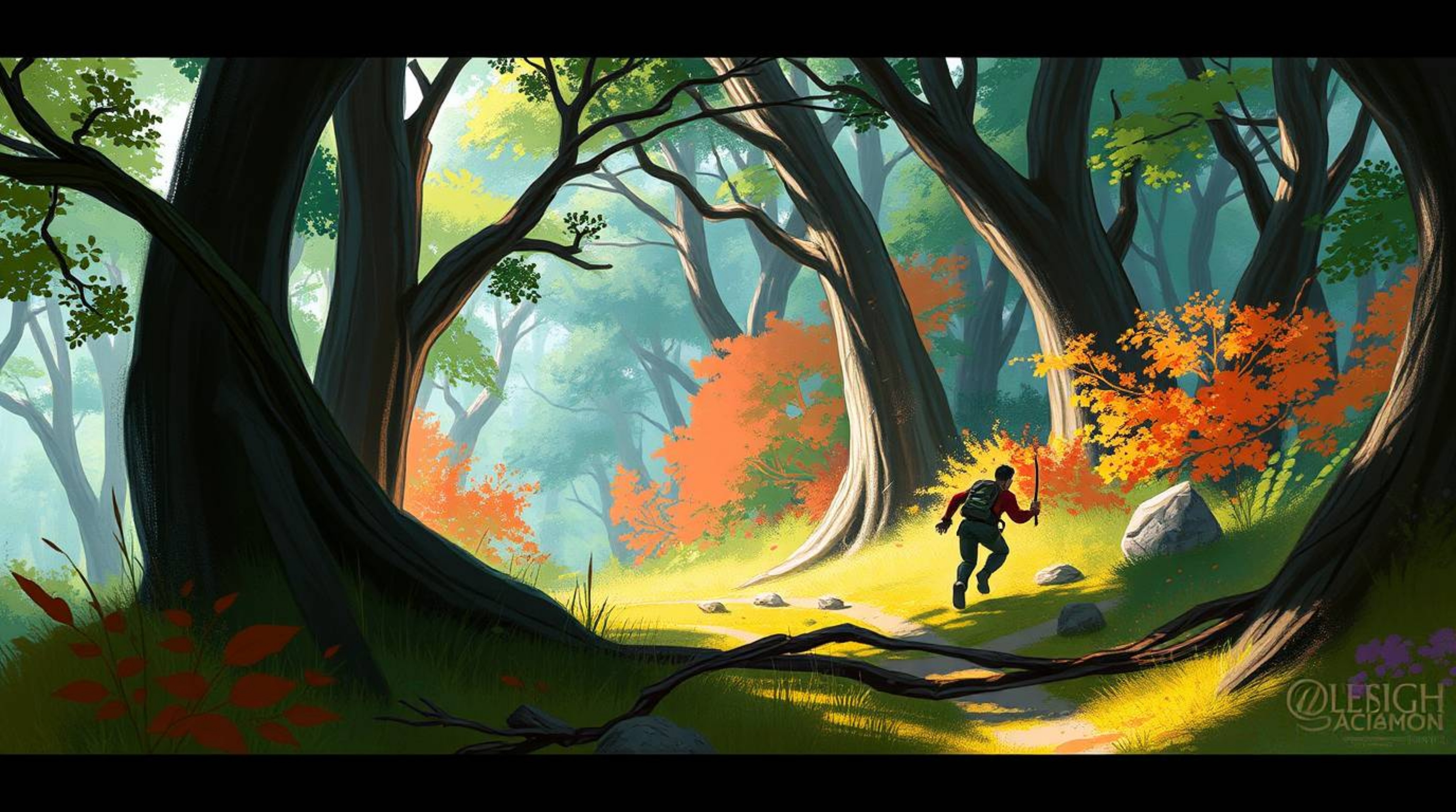A dynamic digital painting depicts a thrilling chase through a mesmerizing looping forest.  The artwork utilizes loose, paint