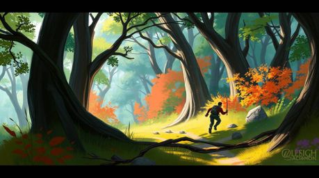 A dynamic digital painting depicts a thrilling chase through a mesmerizing looping forest.  The artwork utilizes loose, paint