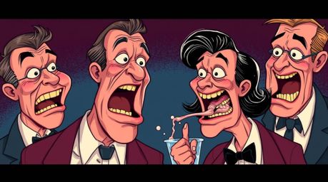 A sophisticated and elegant illustration depicting a hilarious gross-out comedy moment.  Characterized by exaggerated express