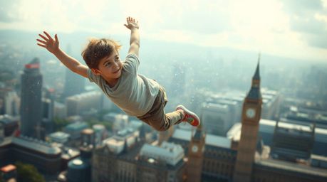A captivating image depicting a young boy soaring above the London skyline, propelled by iridescent pixie dust. The scene is