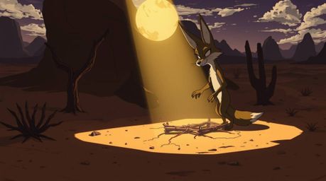 An isekai anime-style coyote meticulously sets up a ridiculous trap in a desolate desert landscape. The scene is brought to l
