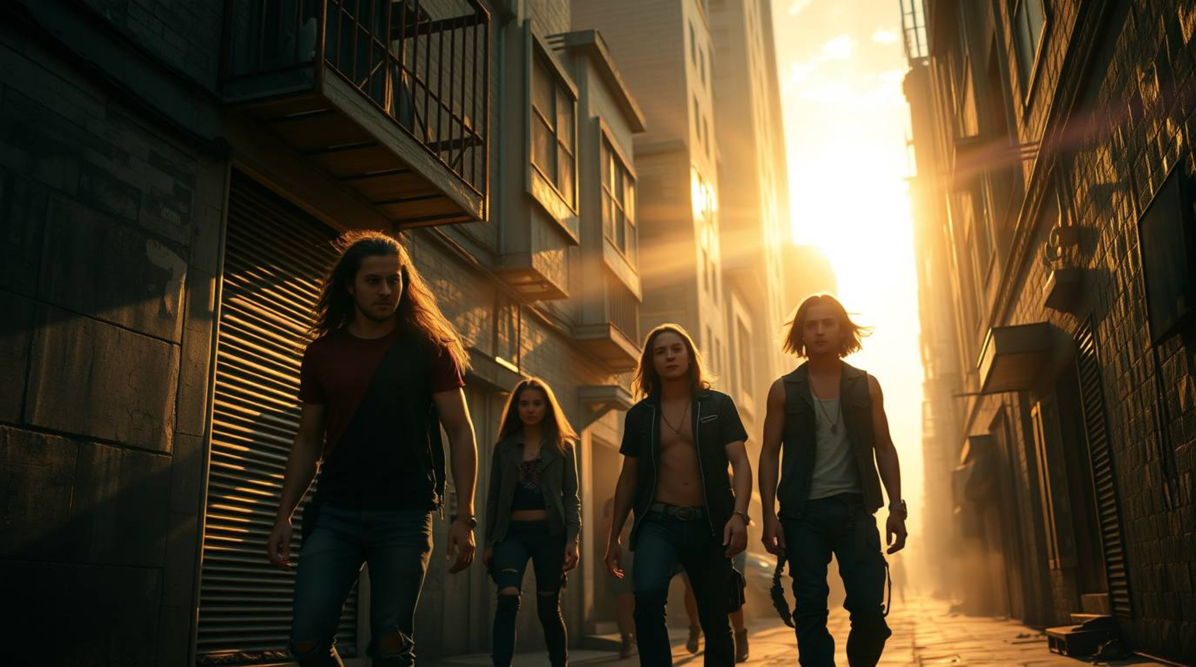 Capture the essence of urban rebellion with a sunset scene in a grungy city alley. Witness a massive heroic scene featuring r