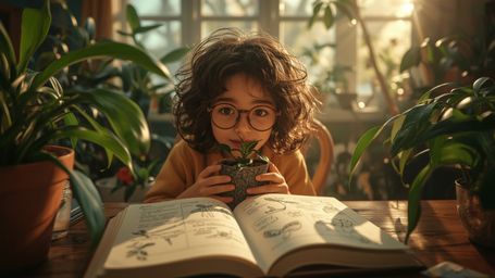 a warmly lit, cinematic photograph of a bright-eyed, bespectacled homeschooled genius, with a mop of curly brown hair and a s