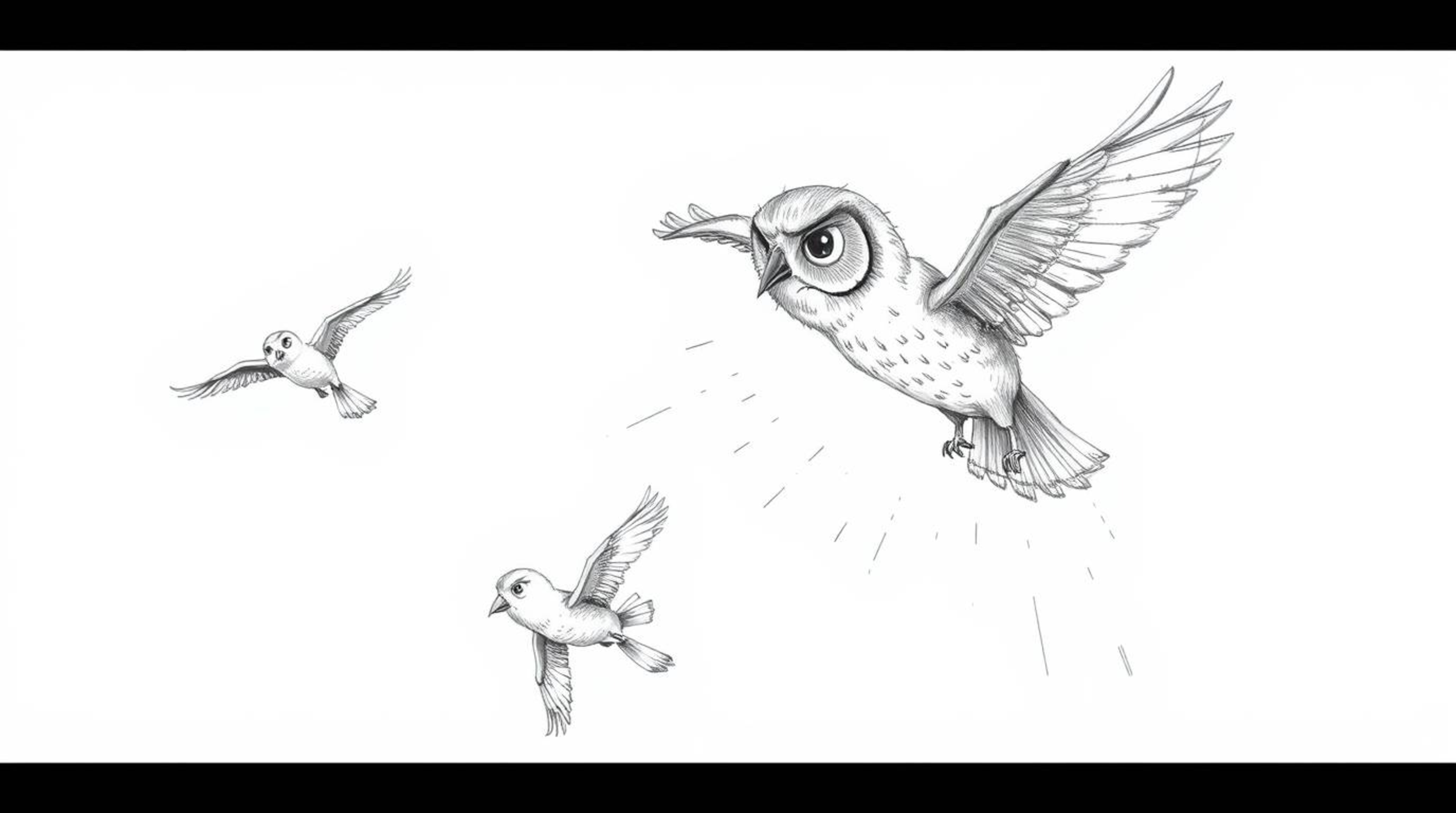 A captivating hand-drawn sketch depicts a blind owl, rendered in expressive pencil strokes, guiding birds in flight.  The ima