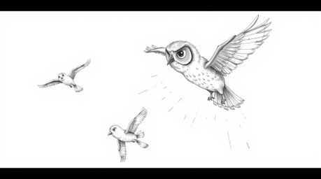 A captivating hand-drawn sketch depicts a blind owl, rendered in expressive pencil strokes, guiding birds in flight.  The ima