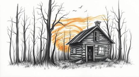 A hand-drawn sketch depicts an eerie old wooden cabin nestled deep within the woods during a captivating sunset. The artwork 