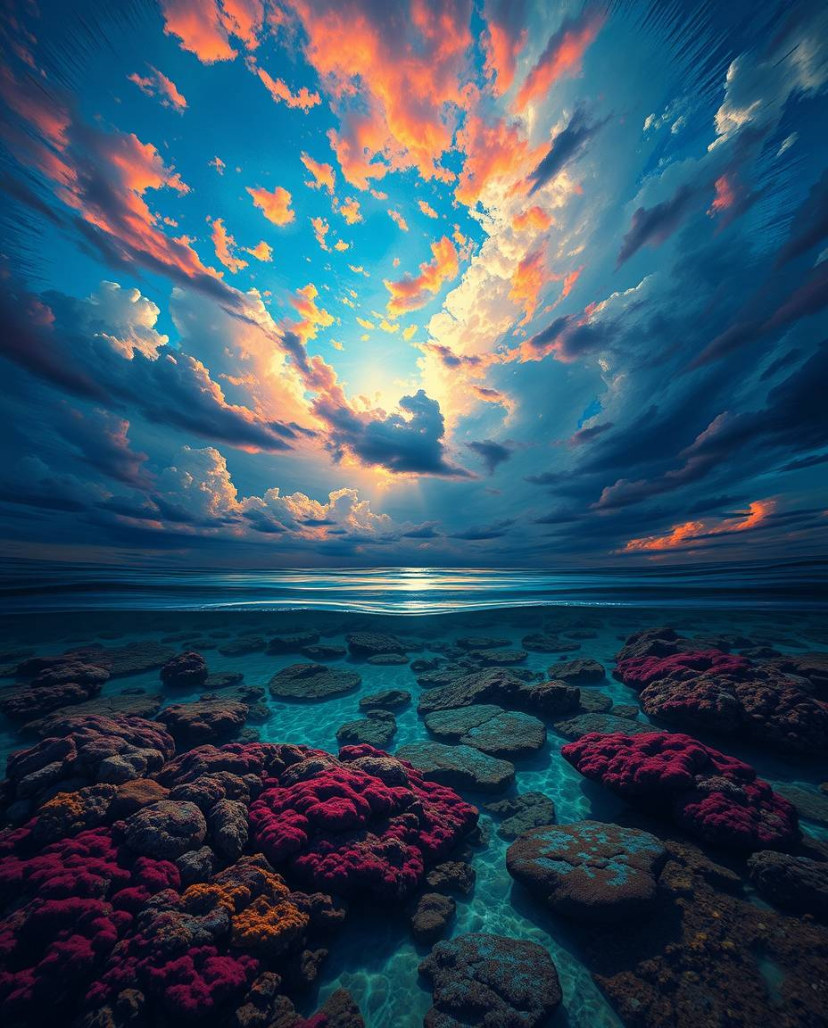 A striking digital painting captures a colorful sky over a coral reef at low tide. The artwork is characterized by its use of