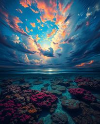 A striking digital painting captures a colorful sky over a coral reef at low tide. The artwork is characterized by its use of