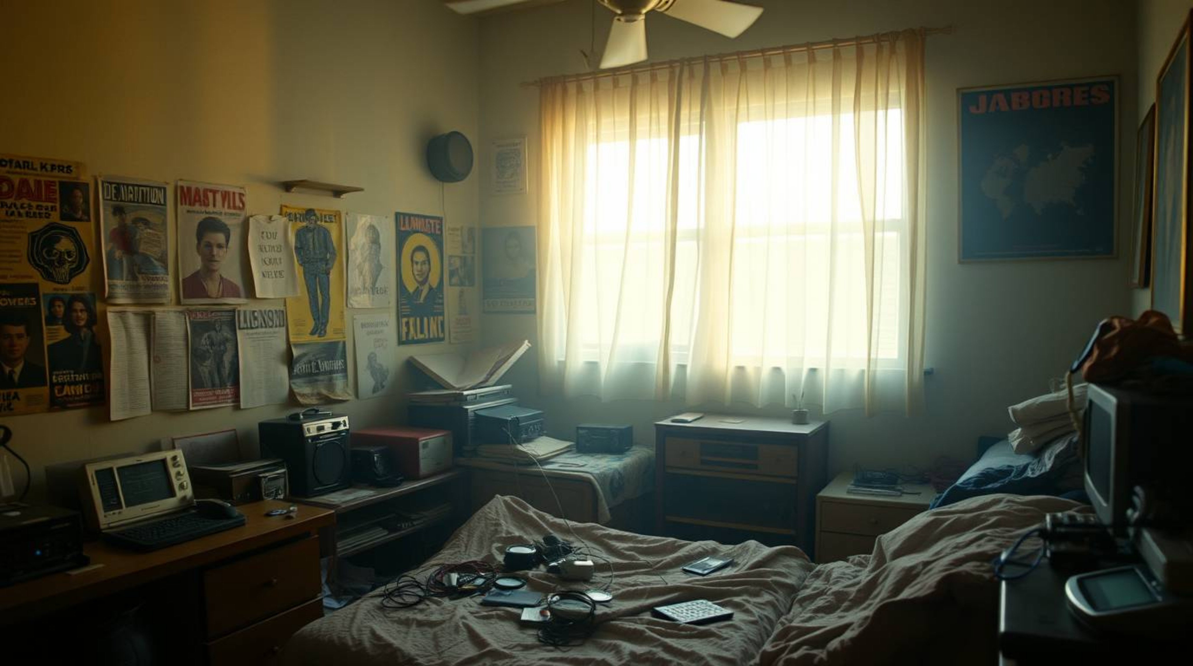 Discover stunning cinematic photography of a messy bedroom scene.  The image features a shallow depth of field, dramatic ligh