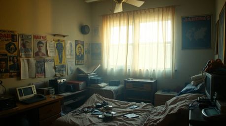 Discover stunning cinematic photography of a messy bedroom scene.  The image features a shallow depth of field, dramatic ligh