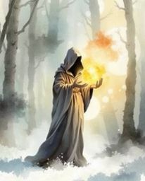 A captivating watercolor painting depicts a cloaked figure amidst a misty forest, holding a radiant, glowing orb. The artwork
