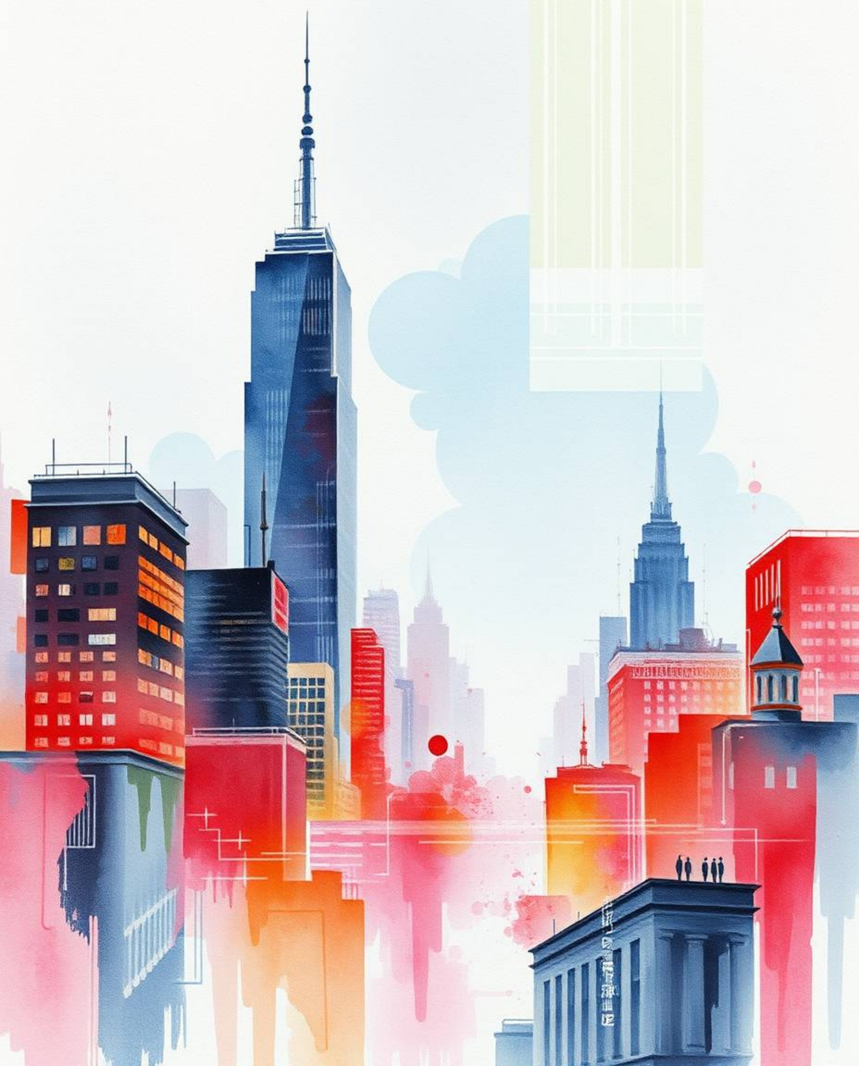 A mesmerizing watercolor painting depicts a glitchy digital landscape featuring distorted skyscrapers and static noise.  Crea