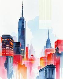 A mesmerizing watercolor painting depicts a glitchy digital landscape featuring distorted skyscrapers and static noise.  Crea