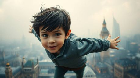 A young boy with dark hair and brown eyes soars above London, propelled by magical pixie dust. The scene is epic in scale, ba