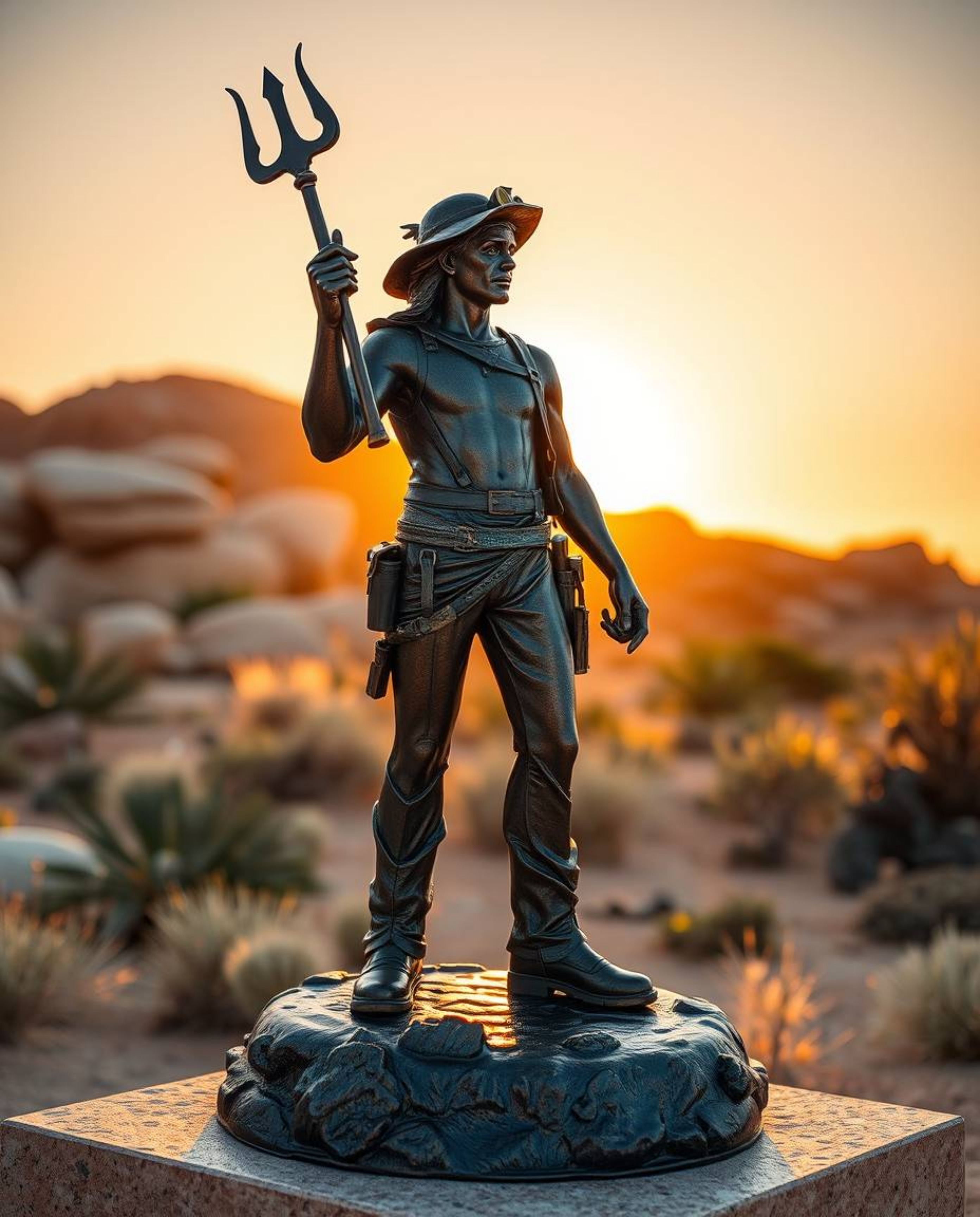 Discover a captivating cast bronze sculpture depicting a brave hero on a Disney-style desert adventure. Bathed in the warm g