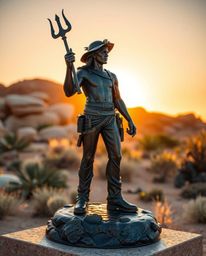 Discover a captivating cast bronze sculpture depicting a brave hero on a Disney-style desert adventure.  Bathed in the warm g