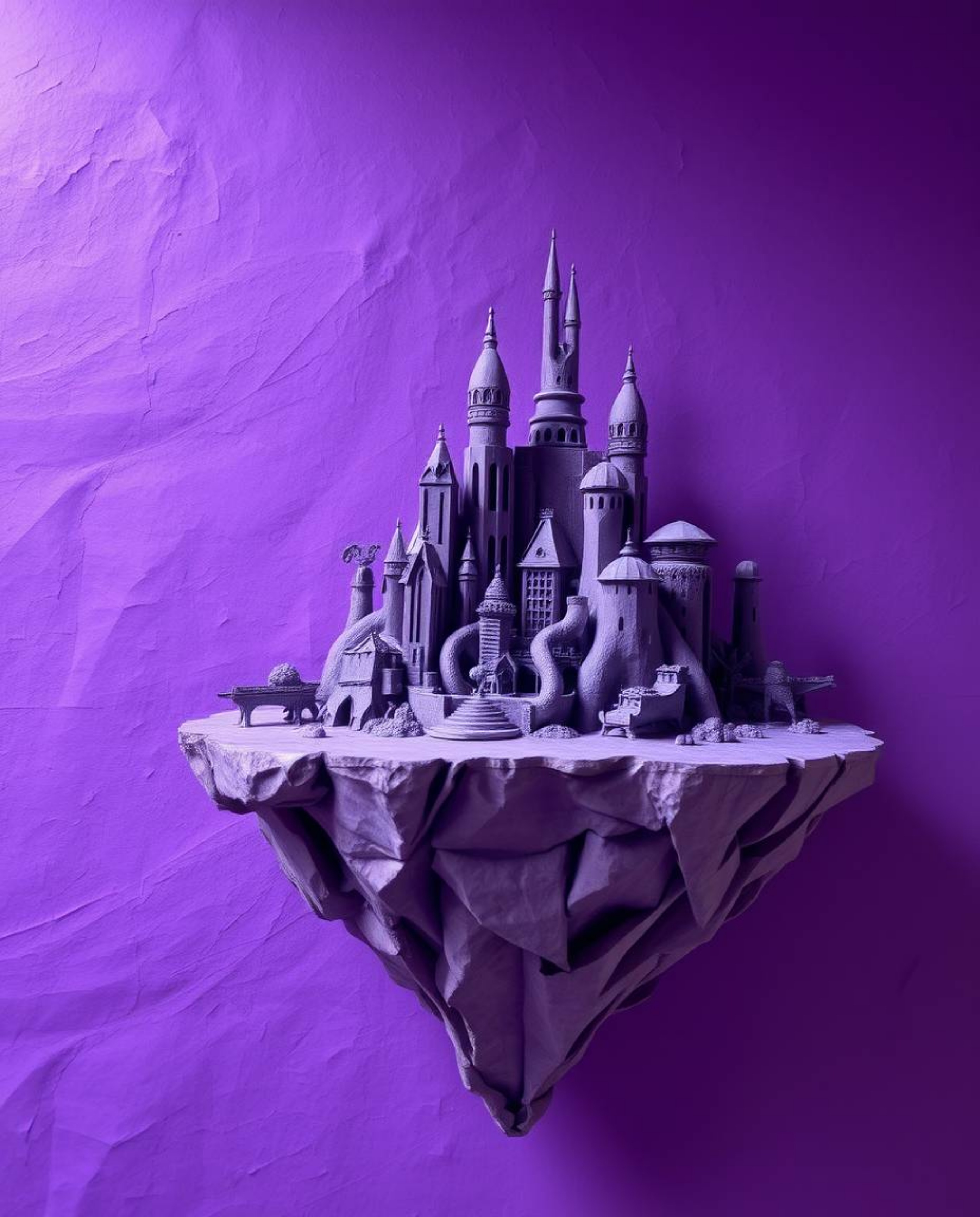 This artwork presents a surreal floating island rendered with deep ultraviolet hues and textured papier-mâché layers. The isl