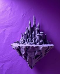 This artwork presents a surreal floating island rendered with deep ultraviolet hues and textured papier-mâché layers. The isl