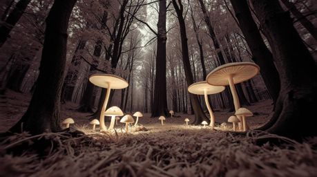 Experience a surreal, low-angle rendering of a vintage enchanted forest bathed in infrared tones.  Glowing mushrooms illumina